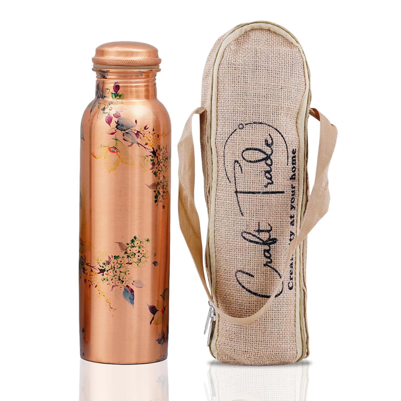 Craft Trade Floral Copper Water Bottle Pure Copper Bottle with Lid and Carry Bag Leak Proof BPA Free Drinking Bottle for Sport Fitness and Yoga - 1 Litre Natural