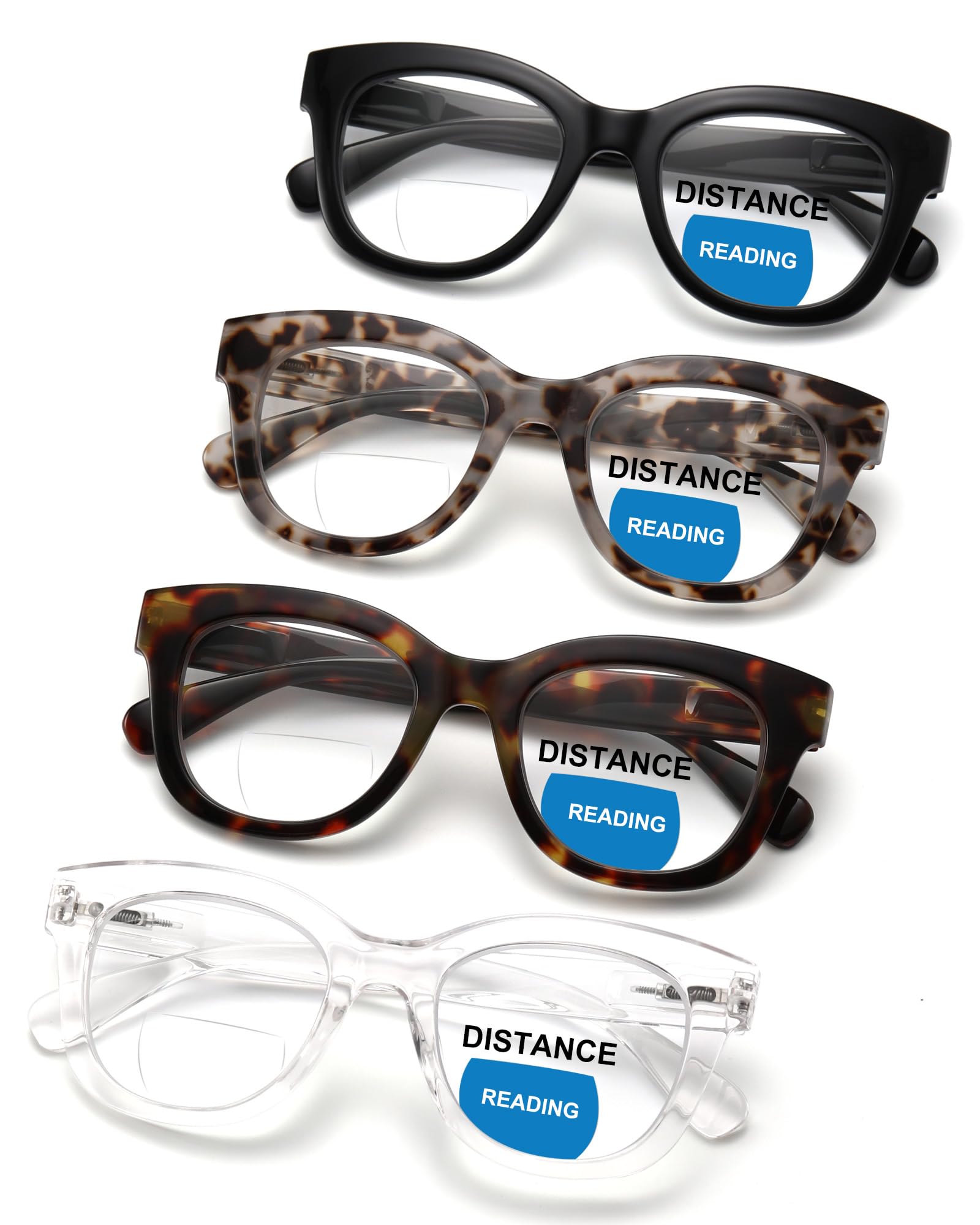 ZUVGEES 4-Pack Oversized Blue Light Blocking Reading Glasses Big Eyeglass Frames Large lens Computer Readers with Spring Hinges (Black+Leopard+Tortoiseshell+Transparent,1.50)