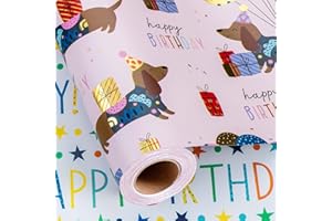 Burymento Birthday Dog Wrapping Paper, Reversible Color Happy Birthday Gift Wrap for Baby Shower, Valentines, Mothers day, Graduation, Wedding, Fathers day, Christmas (17in x 32.8ft)