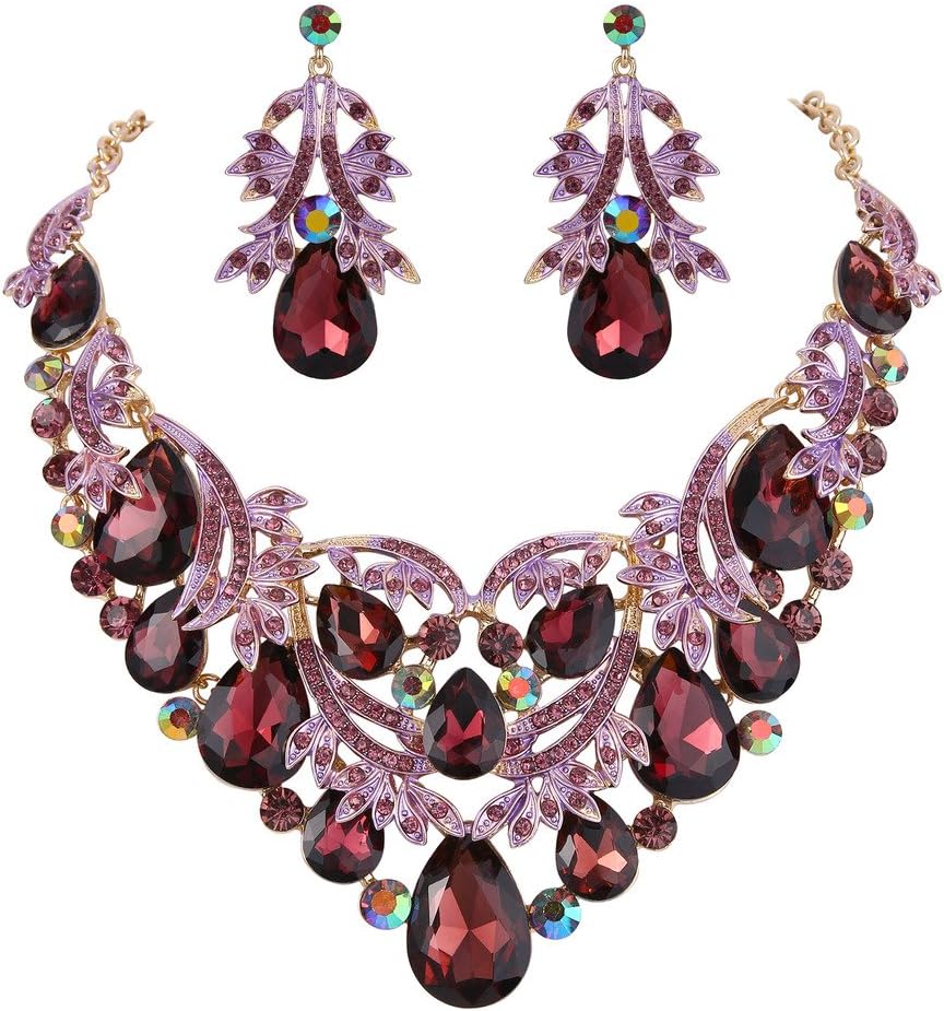 Clearine Women's Bohemian Boho Teardrop Filigree Leaf Hollow Statement Necklace Dangle Earrings Set