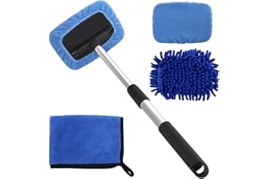 LEELOON 5 PCS Windshield Cleaning Tools, 18 inch Microfiber Car Window Cleaning Tool with Extendable Handle, Auto Interior Exterior Glass Wiper Car Glass Cleaner Kit with Microfiber Bonnet Pads and Cloth
