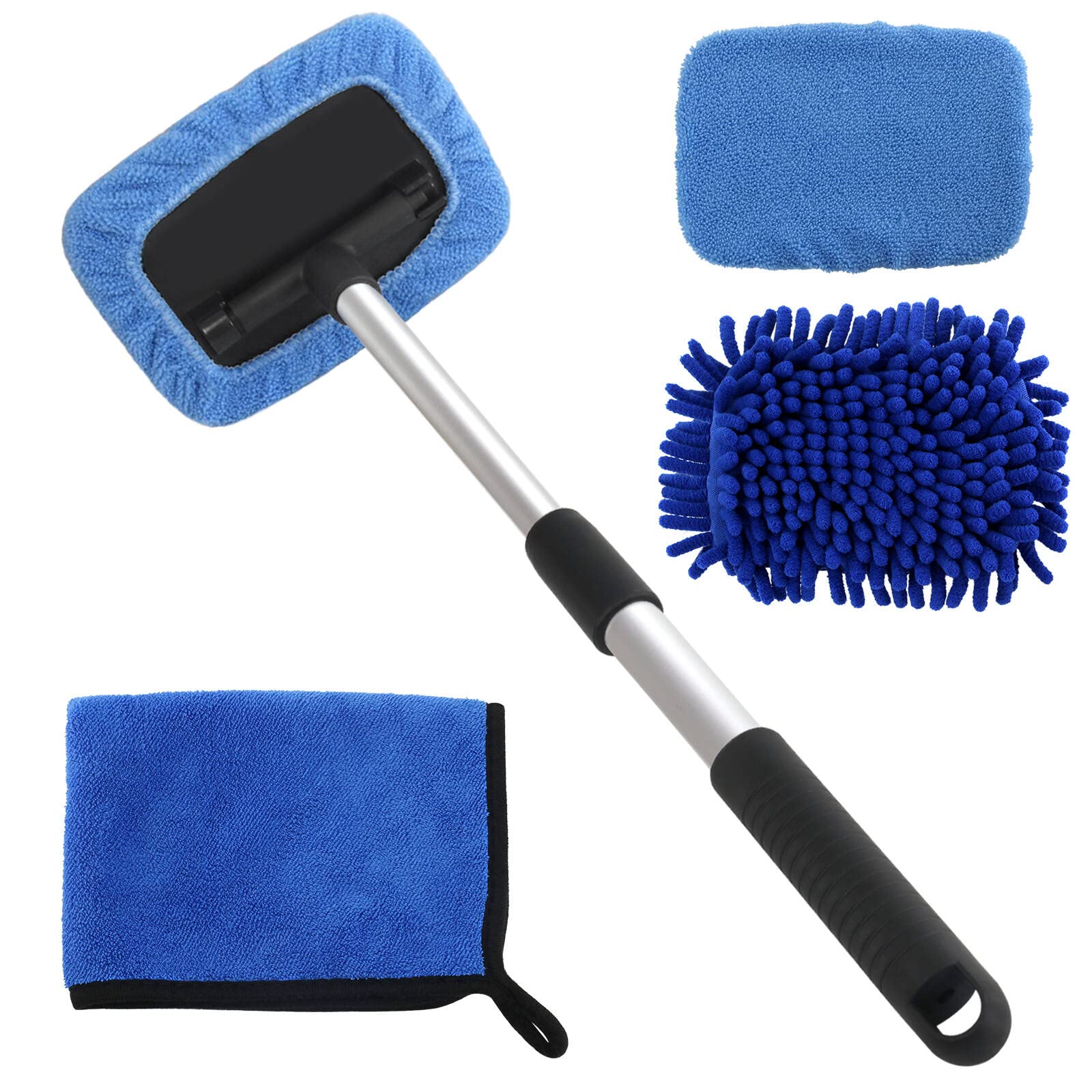 Photo 1 of 5 PCS Windshield Cleaning Tools, 18 inch Microfiber Car Window Cleaning Tool with Extendable Handle, Auto Interior Exterior Glass Wiper Car Glass Cleaner Kit with Microfiber Bonnet Pads and Cloth