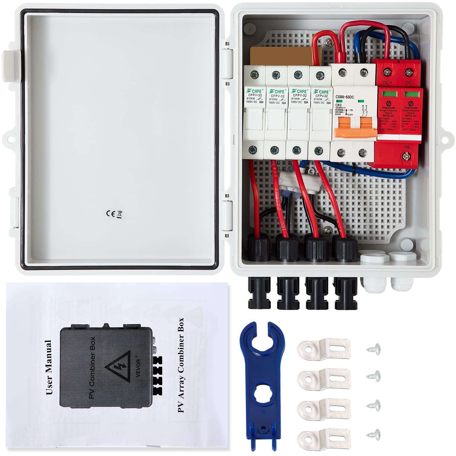 Vevor PV Combiner Box, 4 String, with 15A Rated Current Fuse, 63A Circuit Breaker, Lightning Arrester and Solar Connector, for On/Off Grid Solar Panel System, IP65 Waterproof, White