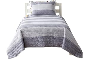 Saturday Park Rugby Stripe Gray Full/Queen Quilt - 100% Cotton Blanket - Soft Down Alternative Bedding - Oeko-TEX Certified