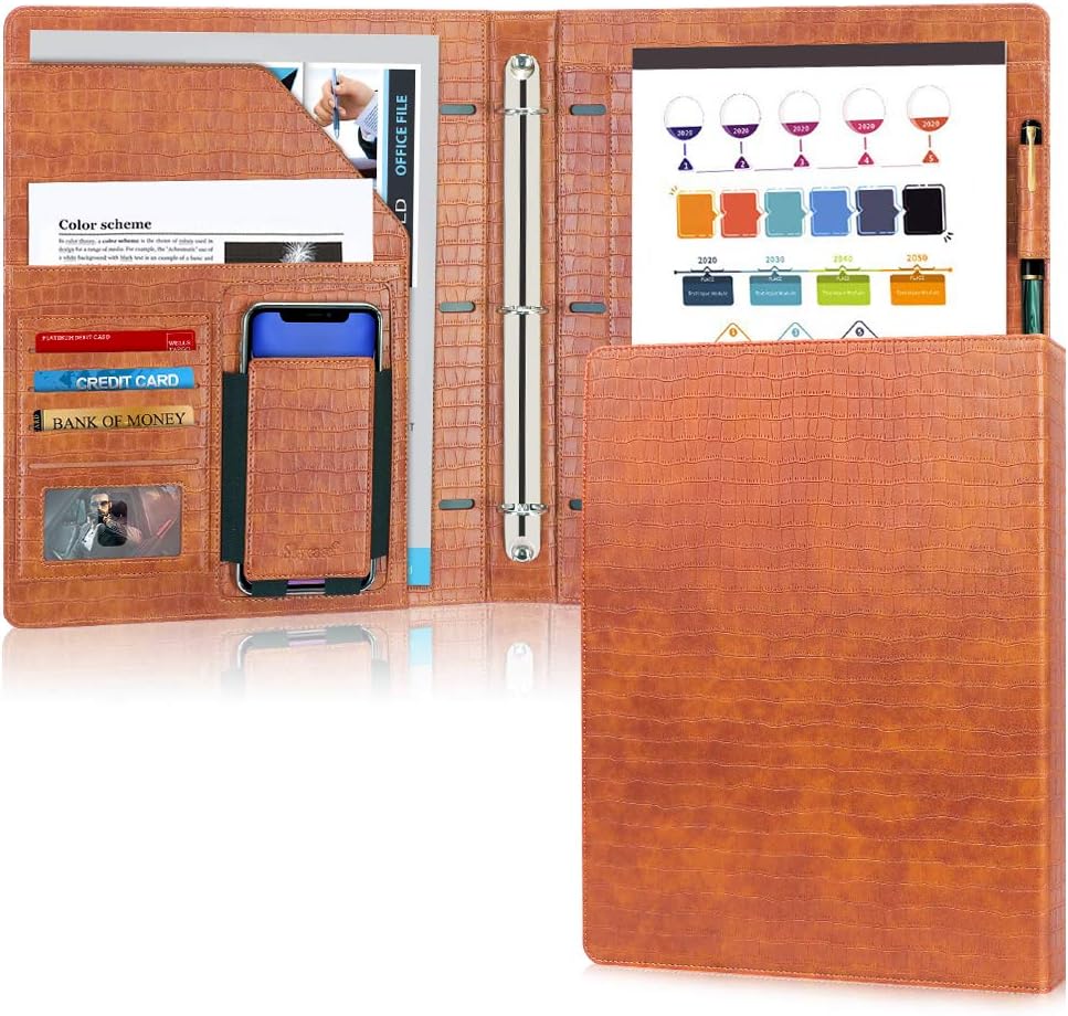 Portfolio Padfolio Case, Skycase 3 Ring Portfolio Binder,Interview/Conference/Resume/Legal Document Organizer with Phone Sleeve & Business Card Holder,Brown