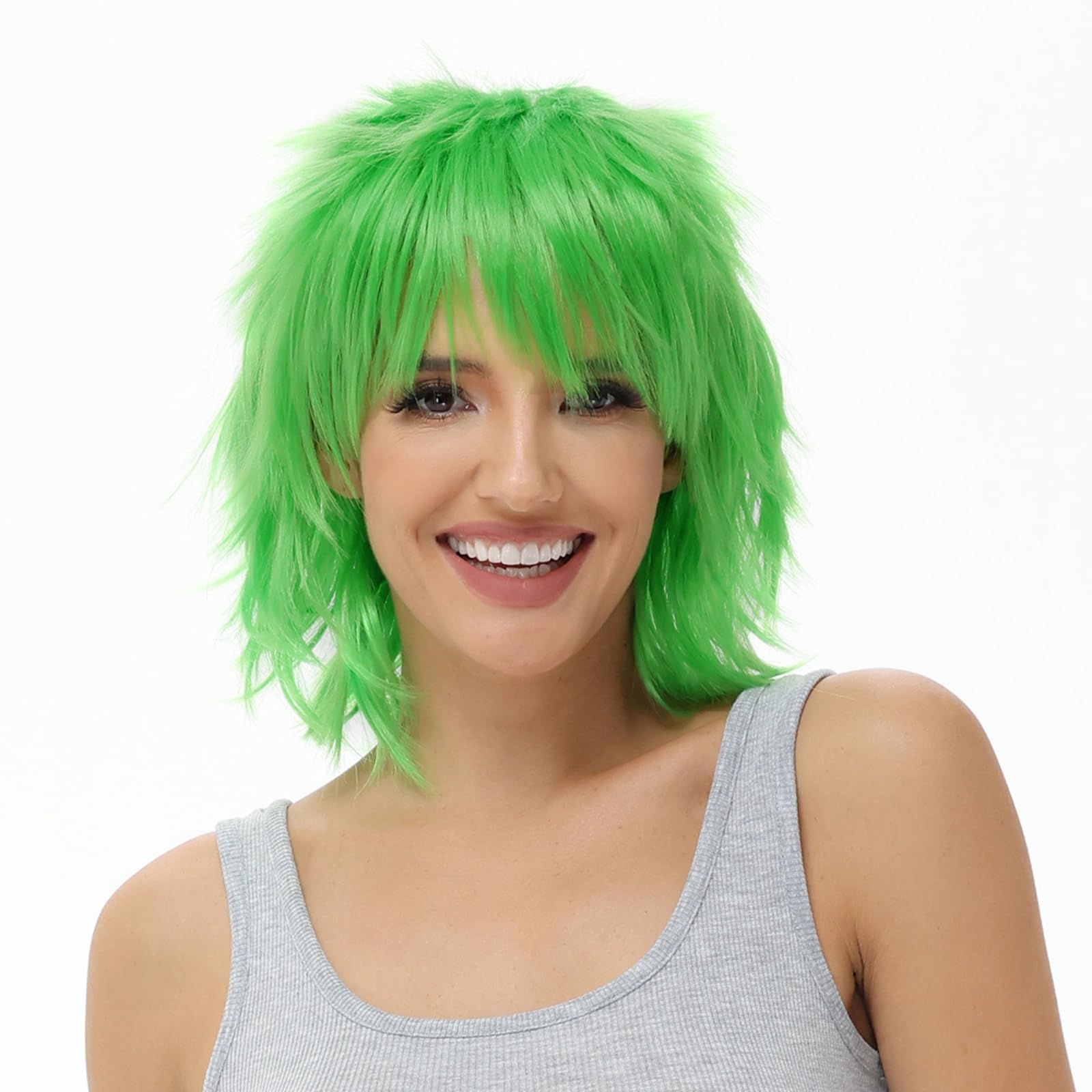 BUYOGET Anime Halloween Wig for Cosplay Party, Synthetic Layered Short Hair Wigs with Bangs Green — image 1