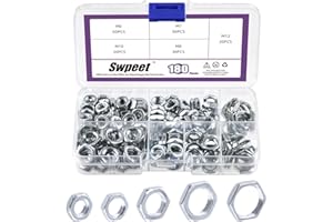 Swpeet 180Pcs 5 Sizes M6 M7 M8 M10 M12 White Zinc Plated Thin Hex Lock Nut Assortment Kit, White Zinc Plated Hex Locknuts Fit