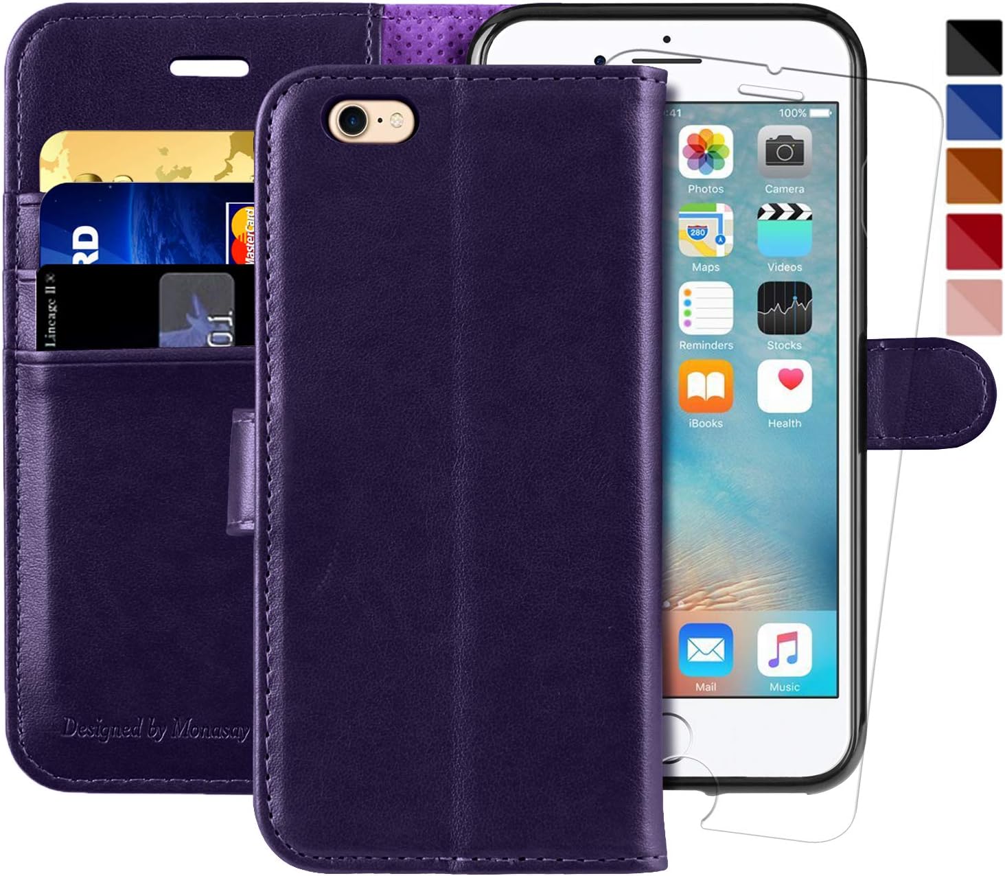 iPhone 6 Wallet Case/iPhone 6s Wallet Case,4.7-inch, MONASAY [Glass Screen Protector Included] Flip Folio Leather Cell Phone Cover with Credit Card Holder for Apple iPhone 6/6S