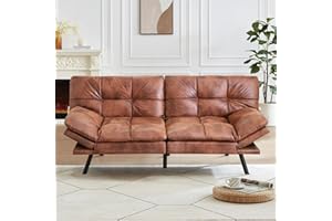 MUUEGM Memory Foam Futon,Convertible Futon Sofa Bed,Modern Faux Leather Futon,Reclining Sofa Bed for Compact Living Spaces,Apartment,Dorm,Office,Adjustable Armrest&Backrest,Full Size Futon,Brown