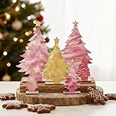 Memorywuu 6 Pcs Rustic Pink and Gold Wooden Christmas Tree Tabletop Decor Flat Christmas Trees Xmas Table Centerpieces Wooden Signs Table Decor for Home Office Farmhouse