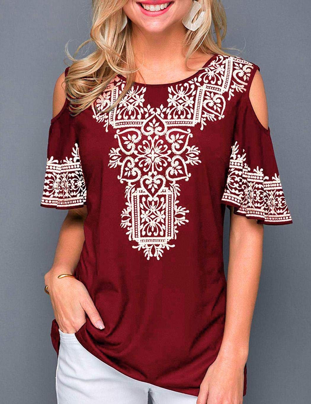 UpBeauty Women Summer O Neck Printed Short Sleeve T-Shirt Casual Off Shoulder Top Knits & Tees S-5XL Red