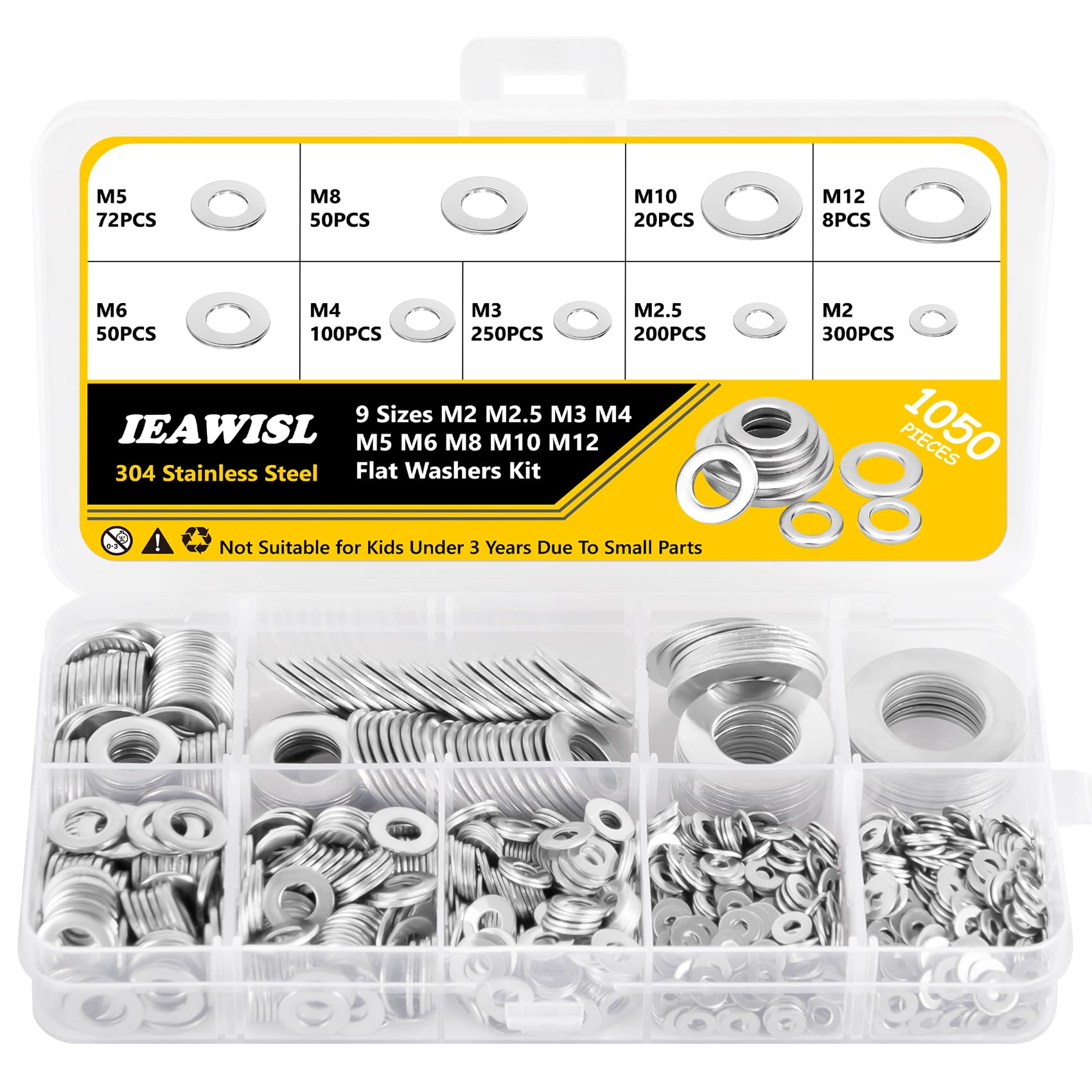 1050PCS Washers for Screws, 304 Stainless Steel Flat Washers Assortment Kit, M2 M3 M4 M5 M6 M8 M10 M12 Metal Plain Washers for Home DIY, Automotive & Mechanical Maintenance (Silver)