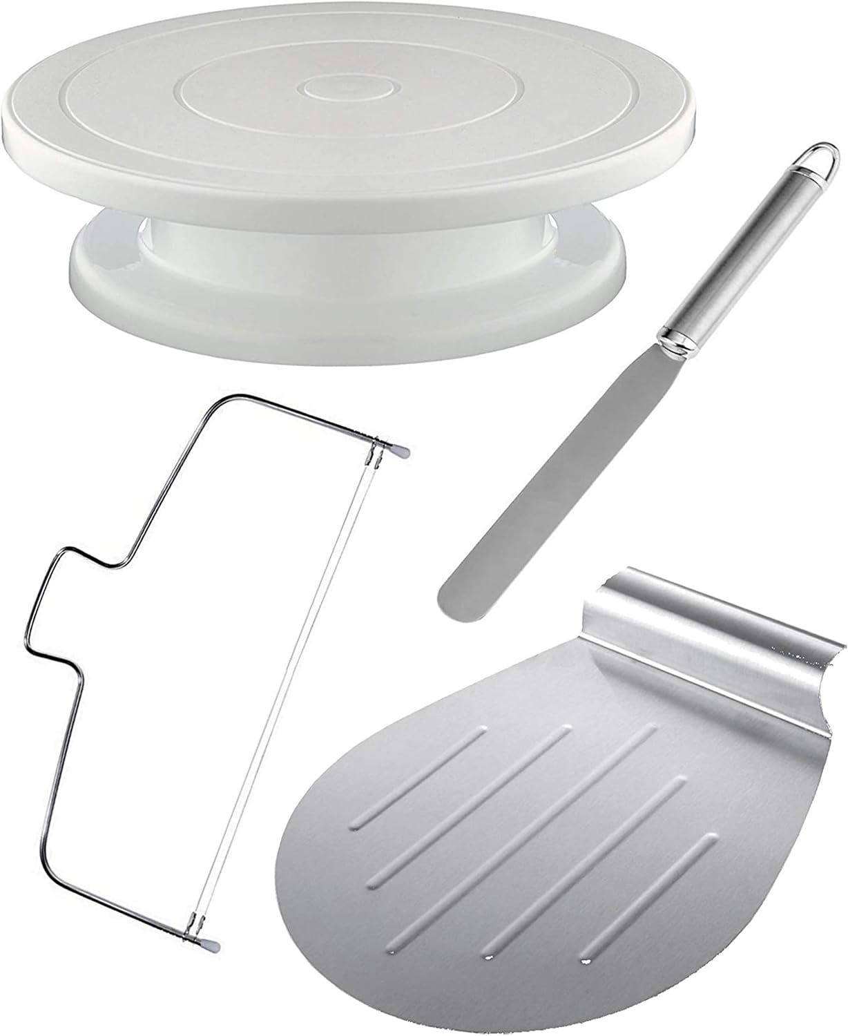 4Tlg Tortenplatte Drehbar Set inkl. Tortenheber, Streichpalette und Tortenschneider | Edelstahl - Spülmaschinenfest