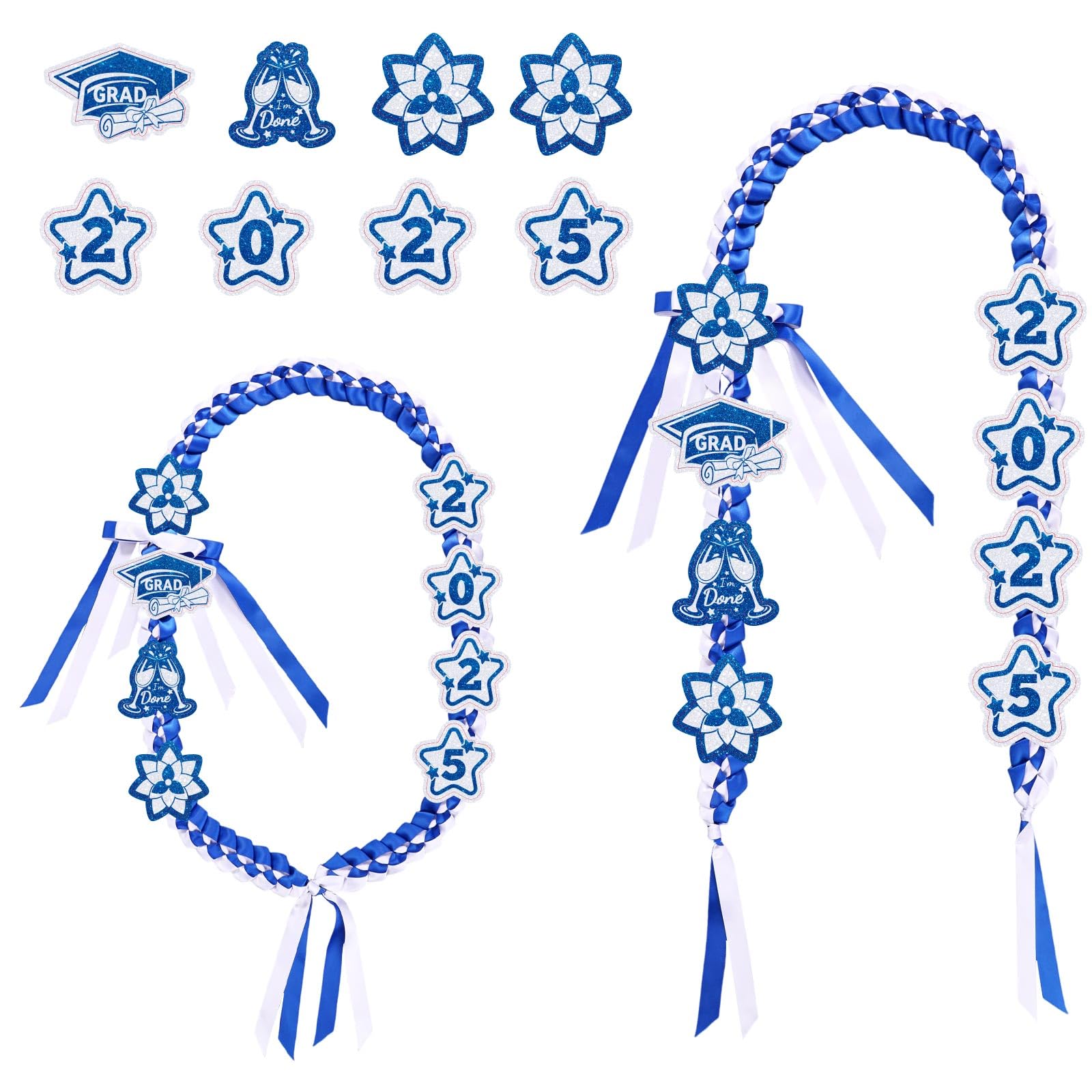 Photo 1 of 9pcs Graduation Leis Set, Class of 2025 Graduation Neck Garland Braided Necklace Star Flower Ribbon Lei Decorations Grad Gifts for High School & College Ceremony Party (Blue White)