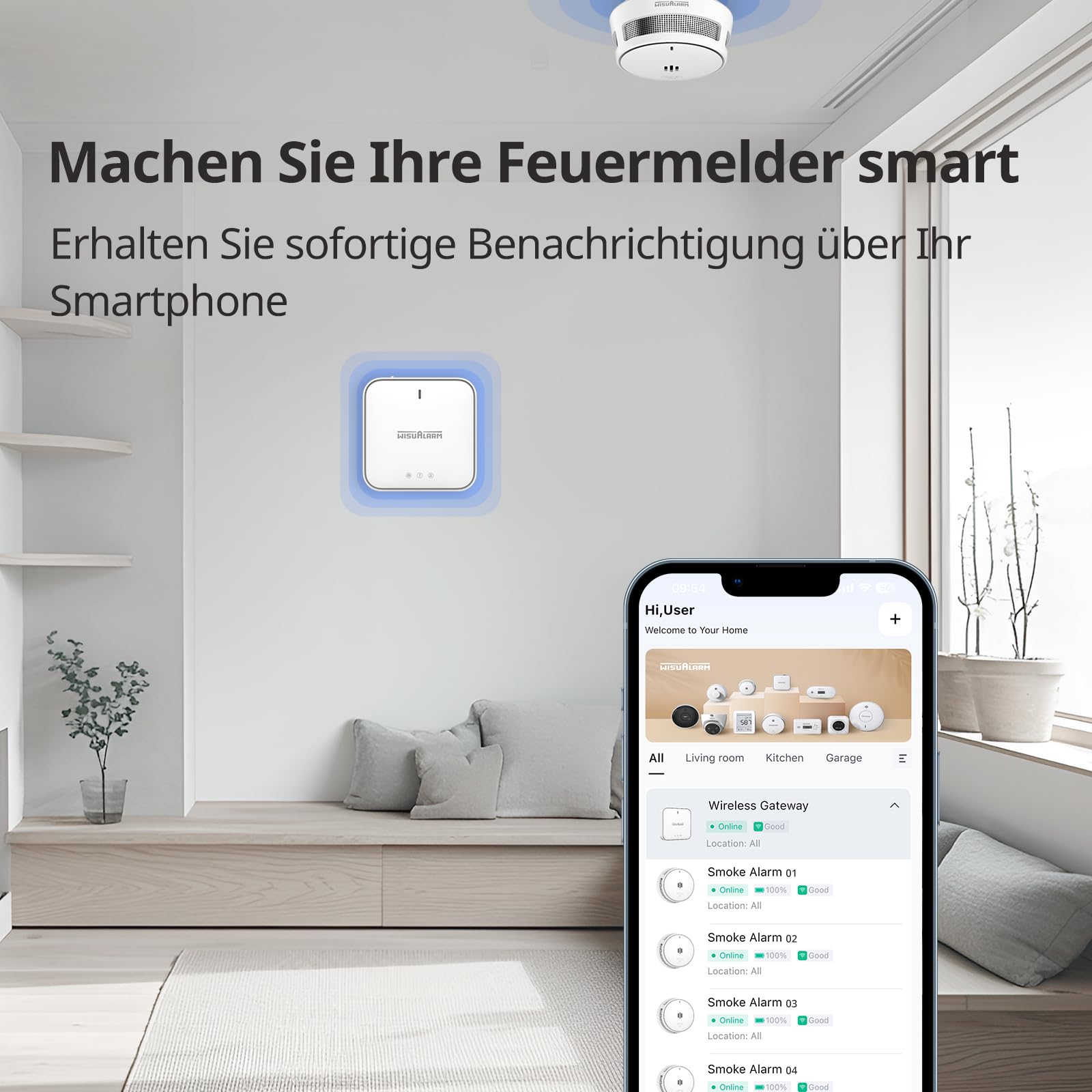 Rauchmelder Vernetzter mit Basisstation, Smart Home Brandmelder, WLAN-App-Steuerung, 10 Jahre Batterie Feuermelder (5*rauchmelder+1*Gateway) 2