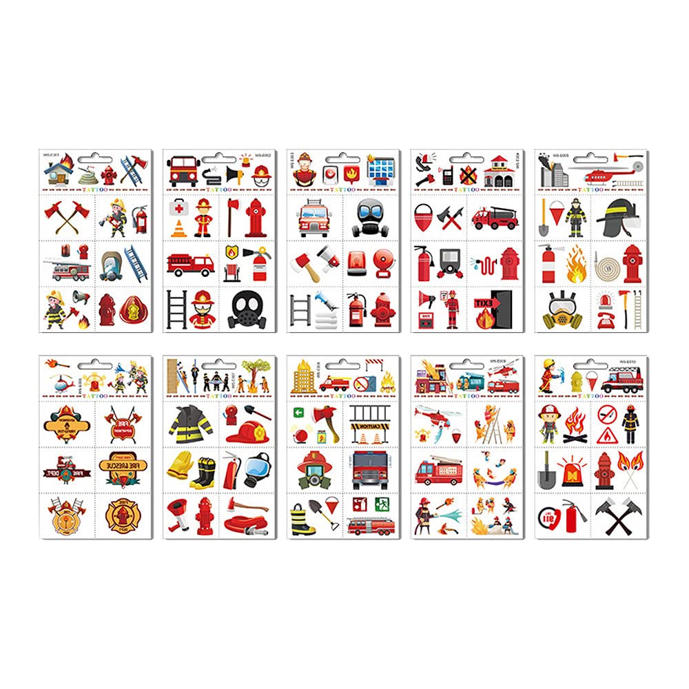 10 Pcs Fire Fake Tattoo Firefighter Temporary Tattoos Waterproof Firetruck Tattoo Sticker for Fire Education Theme Party