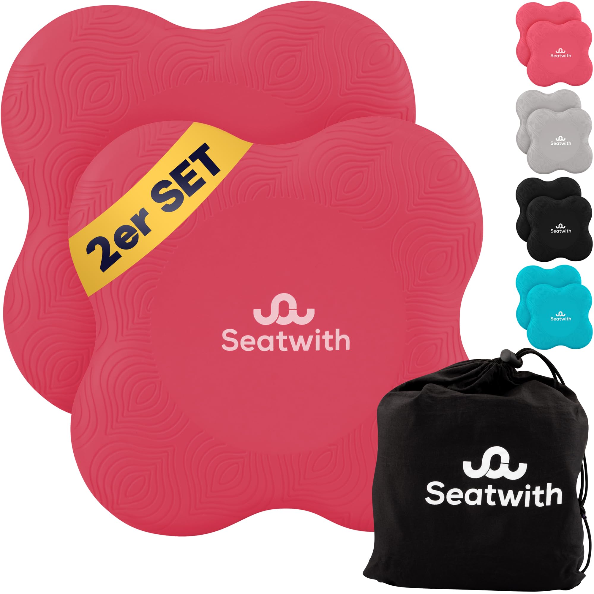 Seatwith Yoga Knee Pads for Women (Pack of 2) - Pilates & Yoga Cushion with Transport Bag + Training PDF Instructions - Maximum Relief & Support for Knees, Wrists & Elbows - Yoga Knee Mat - 20 x 20 cm