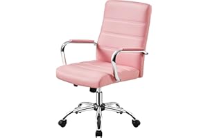 Yaheetech Mid-Back Office Chair with Arms Swivel PU Leather Height Adjustable Office Executive Chair, Pink