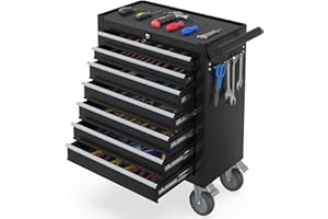 SGMORY 7-Drawer Rolling Tool Chest, Metal Tool Cart with Locking System and 4 Hooks, Multifunctional Mechanic Tool Storage Organizer Tool Cart for Garage, Warehouse, Workshop, Repair Shop(Black)