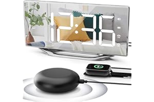 PPLEE Extra Loud Vibrating Alarm Clock with Bed Shaker for Deep Sleepers Adult Hearing impaired Deaf, Dual Alarms Digital Clock for Bedroom,8.7'' Large Mirror LED Display,USB Charger,Battery Backup,Dimmable