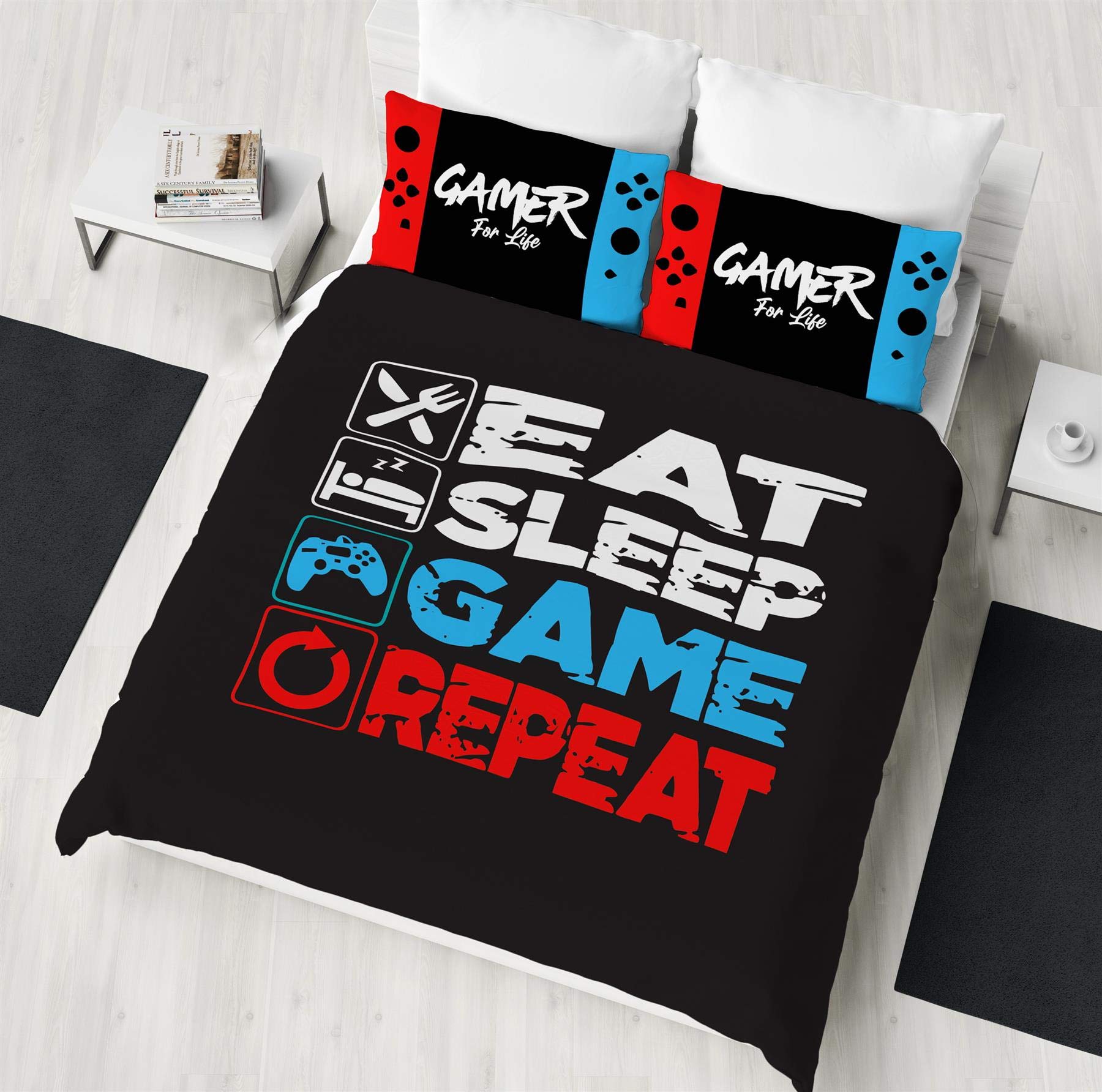 Gamer Double Duvet Cover - Eat Sleep Game Repeat Gaming Controller Design - Reversible Bedding Set - Polycotton