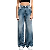Flvsun Women's Striped Jeans Mid Rise Barrel Baggy Jeans 90S Vintage Wide Leg Casual Denim Pants