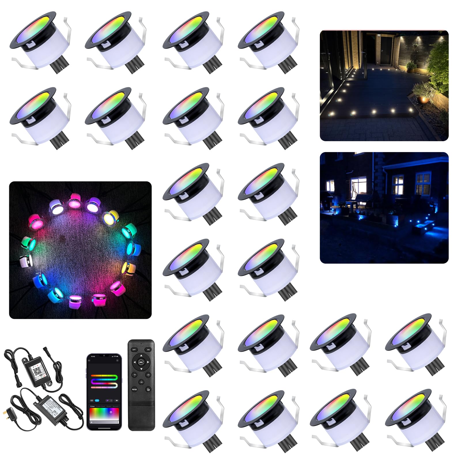 GEYUEYA Home RGBW LED Decking Lights,WiFi LED Deck Light IP67 Waterproof Ø45MM 12V Led Recessed Lights Timer Work with Alexa/Google Assistant for Garden,Yard,Stair,Patio,Floor-20 Pack