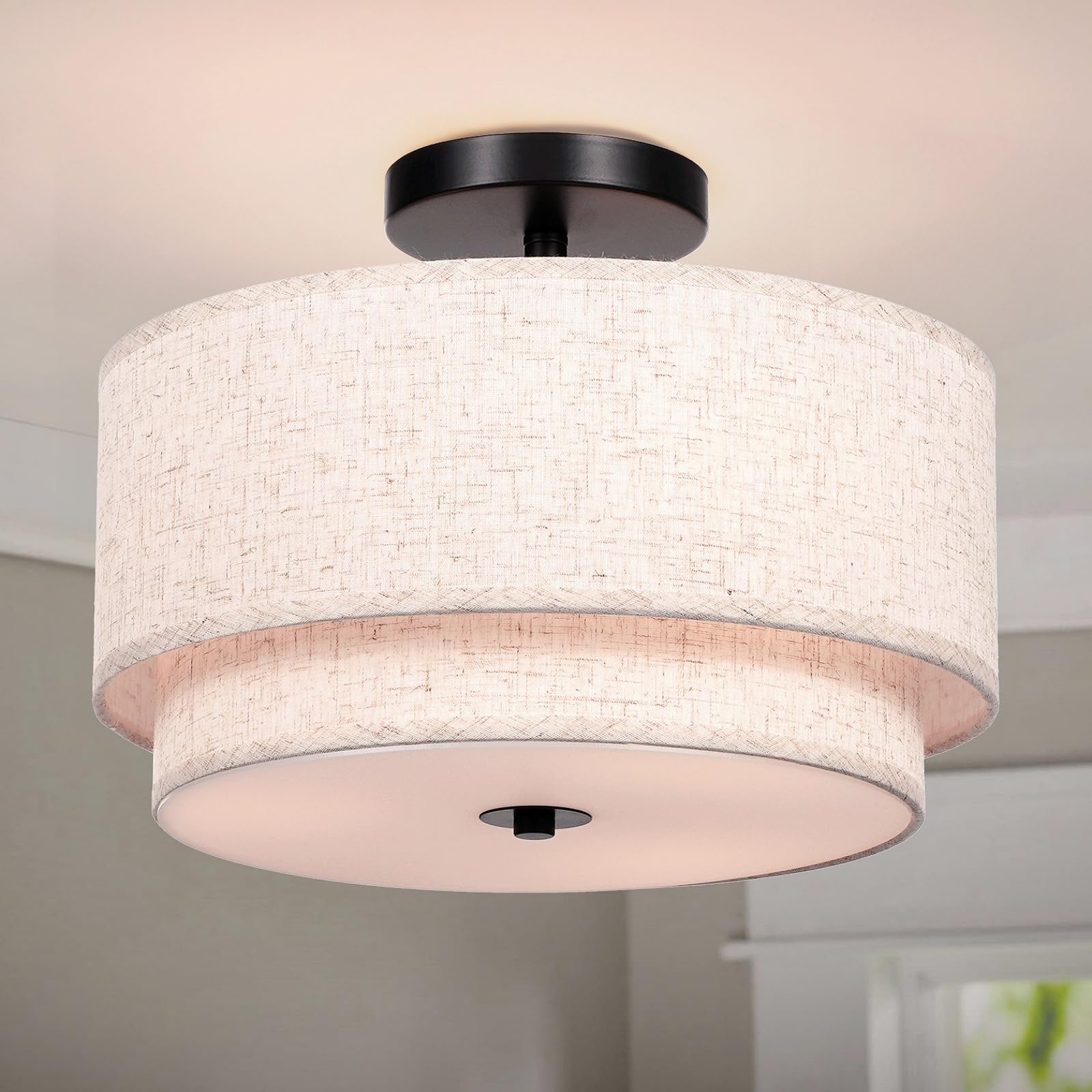 Photo 1 of FRIDEKO HOME 3 Light Semi Flush Mount Ceiling Light Modern Close to Ceiling Light Fixture with 2-Layer Fabric Shade Light Fixtures Ceiling Mount for Bedroom Living Room Kitchen Foyer Hallway