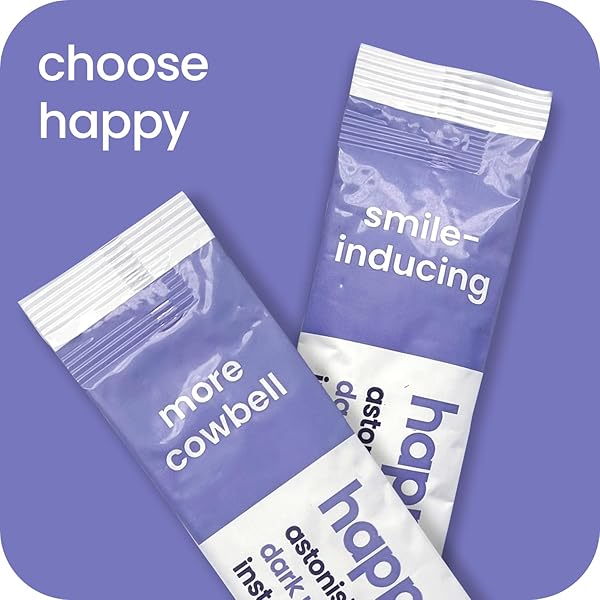 HAPPY INSTANT COFFEE, DARK ROAST WITH NOTES OF SWEET MOLASSES AND BLISS, 8 PACKETS, SINGLE SERVE, USE FOR HOT OR ICED COFFEE, SUSTAINABLY SOURCED