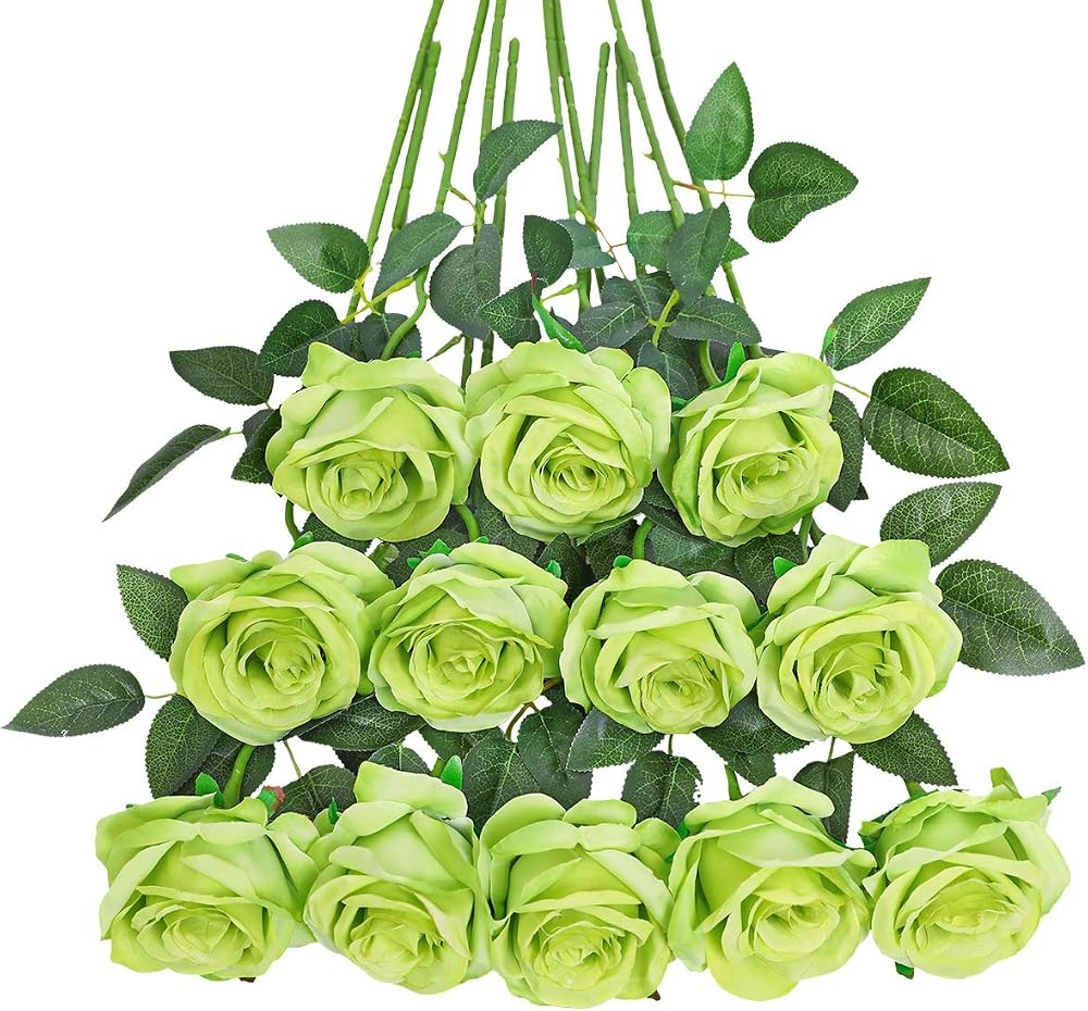 Tifuly 12 PCS Artificial Roses 50cm Silk Long Stem Bouquet Green