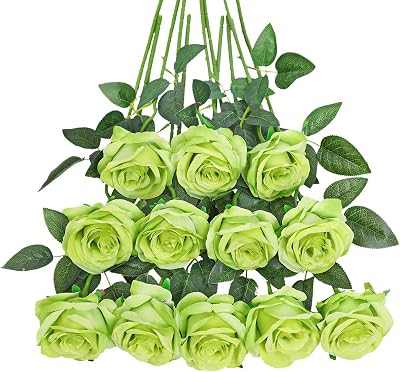Tifuly 12 PCS Artificial Roses 50cm Silk Long Stem Bouquet Green