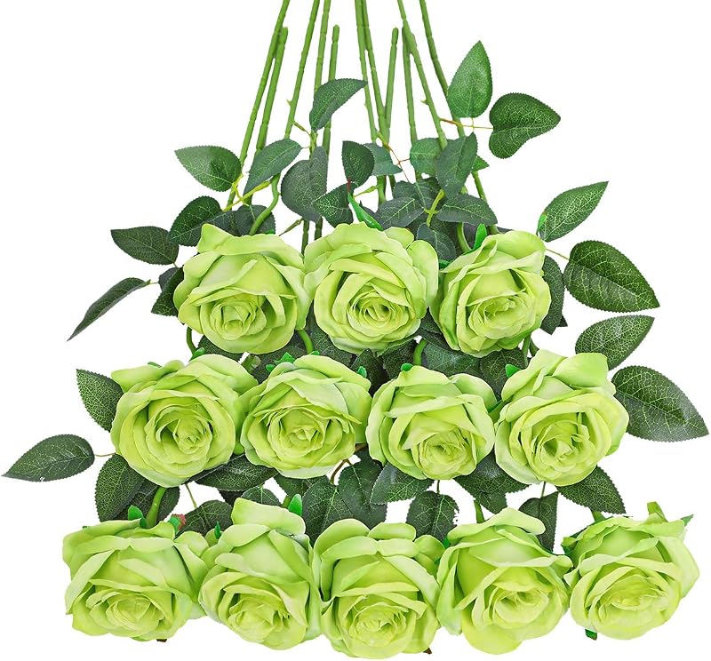 Tifuly 12 PCS Artificial Roses 50cm Silk Long Stem Bouquet Green