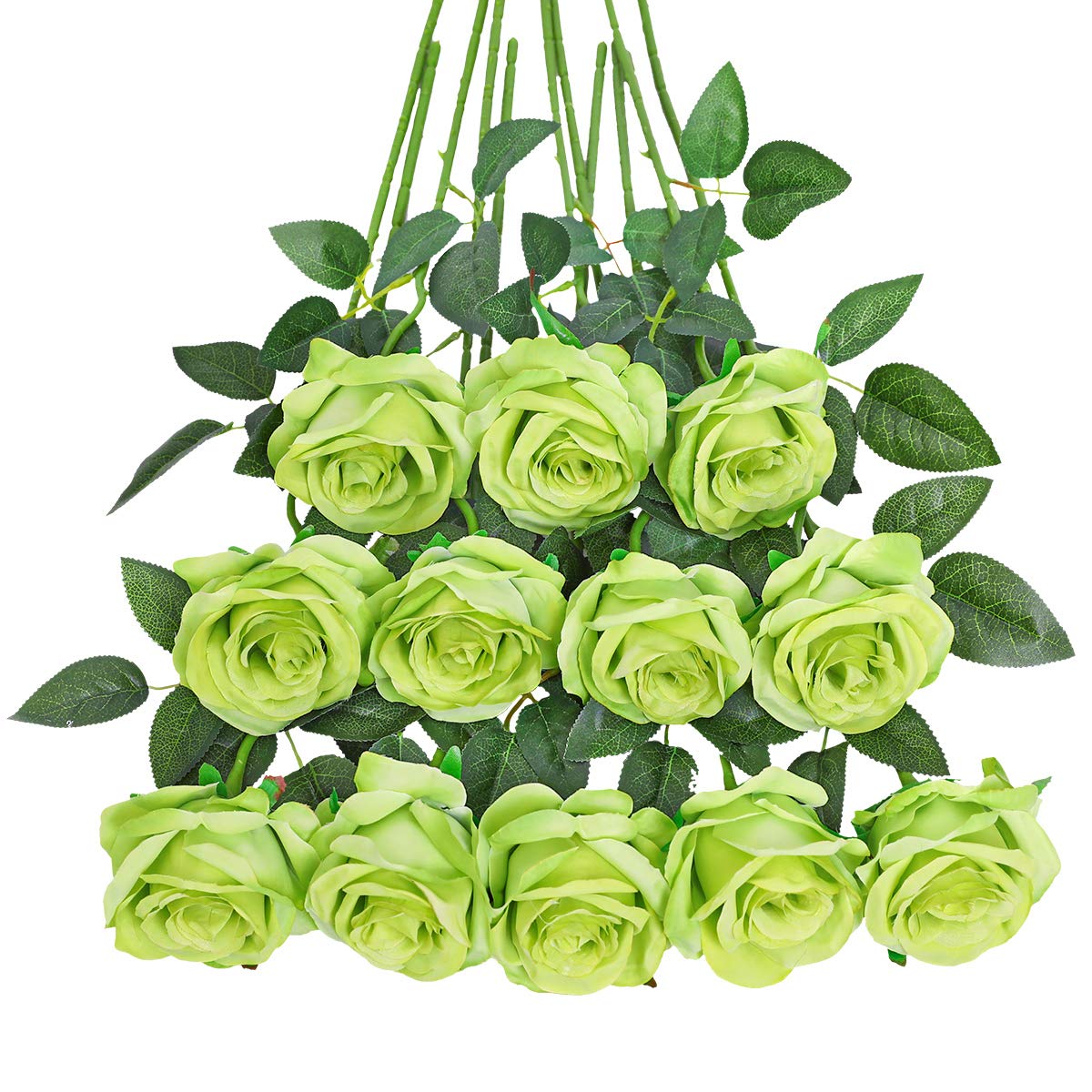 Tifuly 12 PCS Artificial Roses, 19.68'' Single Long Stem Fake Rose Silk Bridal Wedding Bouquet Realistic Flower for Home Garden Party Hotel Office Decor(Blossom Roses,Green)