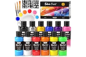 Nicpro 12 Colors Fabric Paint (1oz/30ml), Permanent Soft Fabric Paint Set with Brushes, Palette, Stencils, Non-Toxic Textile Paint for Fabric DIY Crafts, T-Shirts, Shoes, Jeans, Bags, Art Supplies
