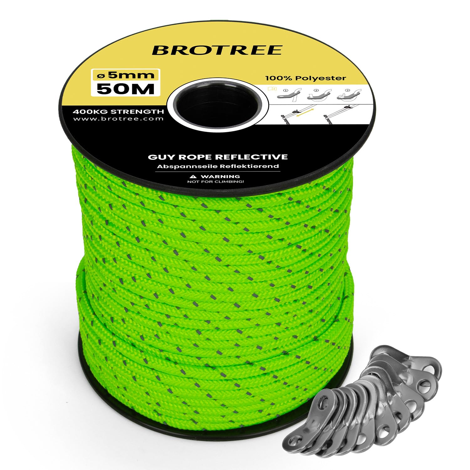 BROTREE Tent Guy Rope 5mm 50m Reflective Guy Line Heavy Duty Guide Rope with 10Pcs Aluminum Tensioners for Tent Gazebo Awning Camping (Neon Green)