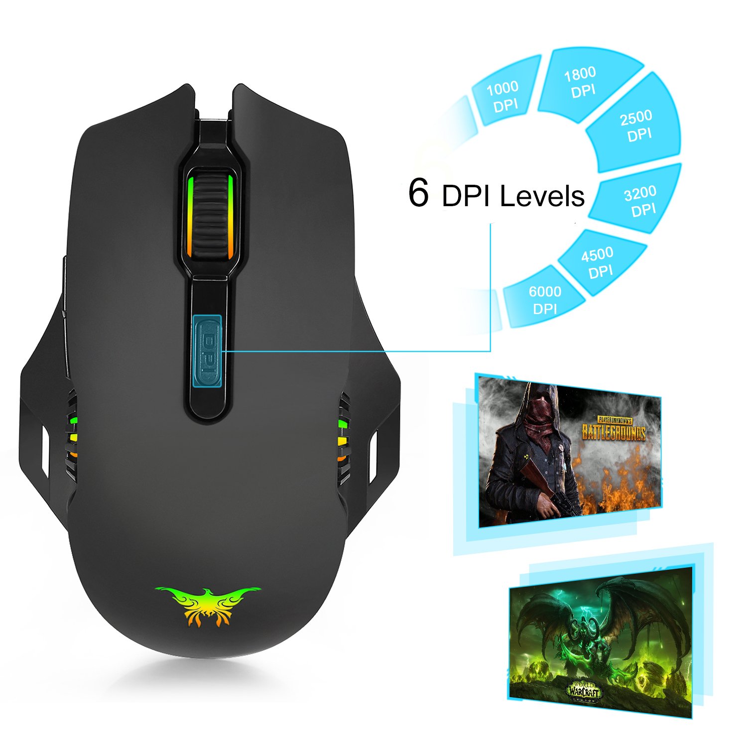 Wireless Wired Gaming Mouse,Dual-mode 2.4GHz Rechargeable Optical Mice with USB Receiver,6000 DPI 6 Adjustable DPI Levels,6 Color Breathing Lights for Laptop PC Mac Pro and Computer(Black)