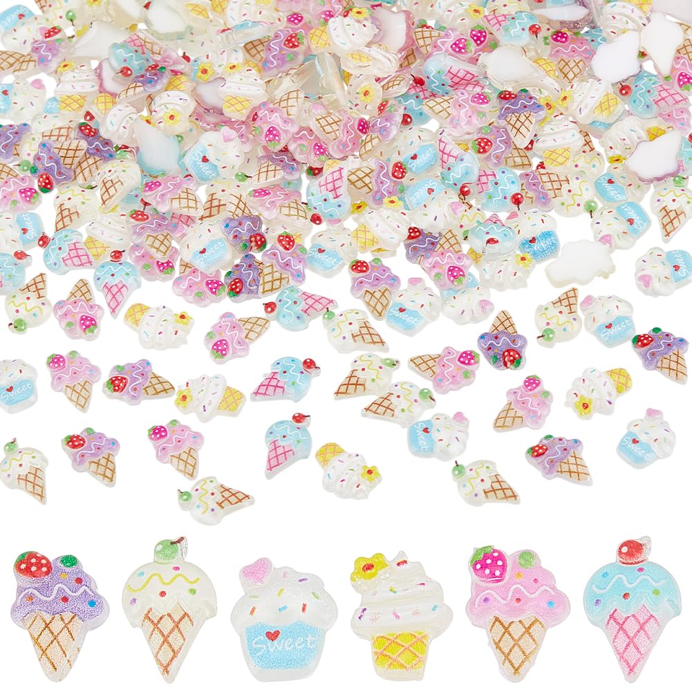 HOBBIESAY 240 Pcs Resin Mini Food for Crafts 6 Styles Small Ice Cream Embellishments Mixed Colors Dollhouse Miniature Food Flat Cabochons for Mini Decor Nail Art Micro Landscaping Decoration