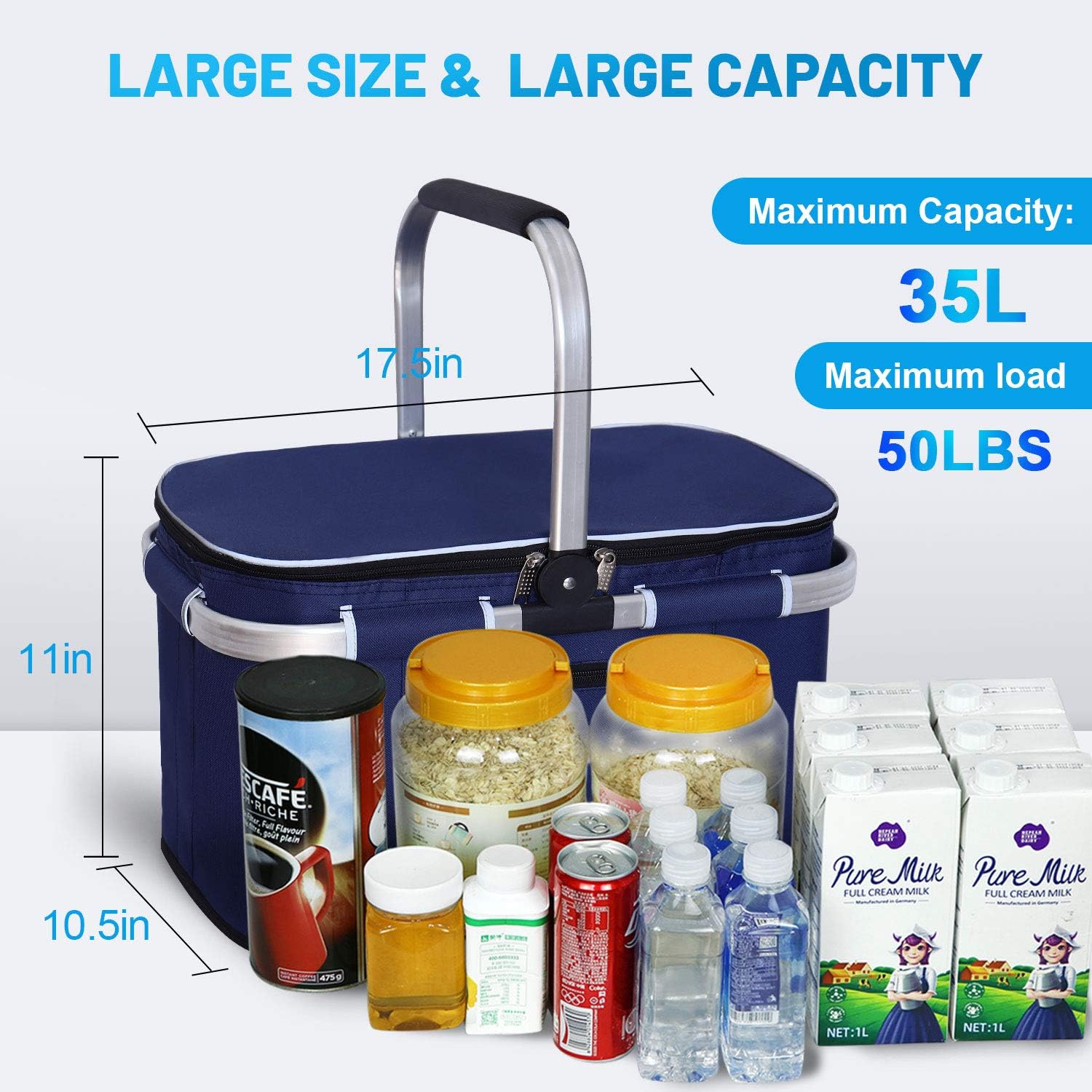 LIQING 35L Large Picnic Basket, Shopping, Travel, Camping Grocery Bags, 2 Layers of Internal Pockets Leak-Proof and Insulated, Folding, Internal Support Does Not Collapse (Blue): Kitchen & Dining