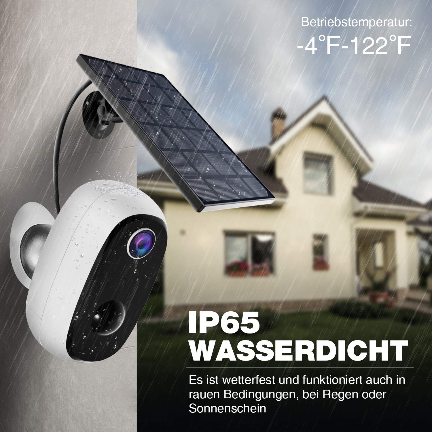 Überwachungskamera mit Solarpanel, 1080P Akku Kabellos Outdoor WLAN Kamera mit PIR-Bewegungserkennung, 2-Wege-Audio, Nachtsicht, integrierter SD-Steckplatz, IP65 wasserdichte