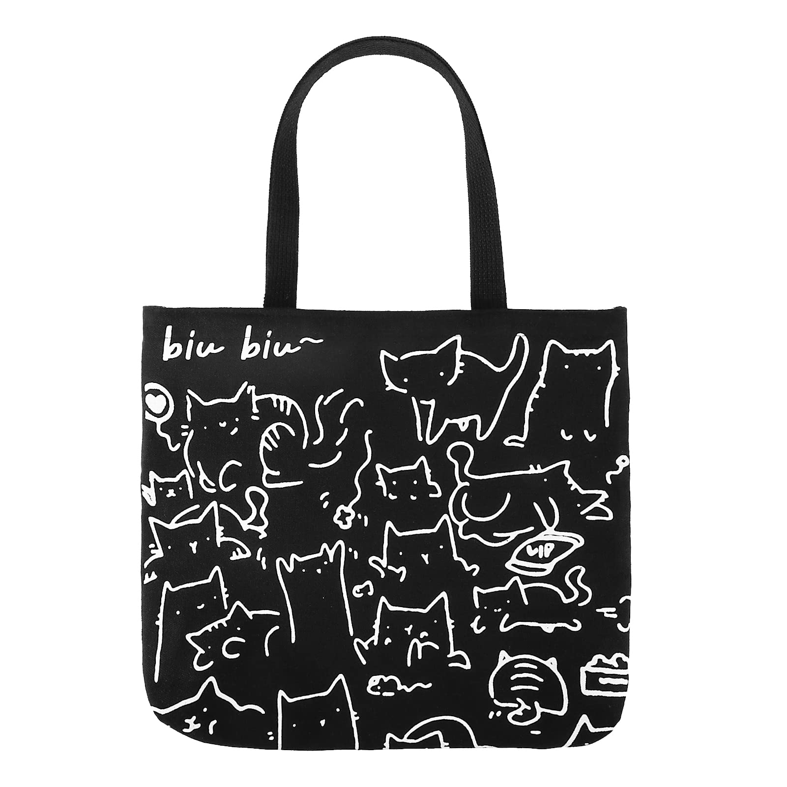 Firtink Cat Tote Bag with Zip Reusable Canvas Shopping Bag for Women & Girls Black, Washable & Foldable