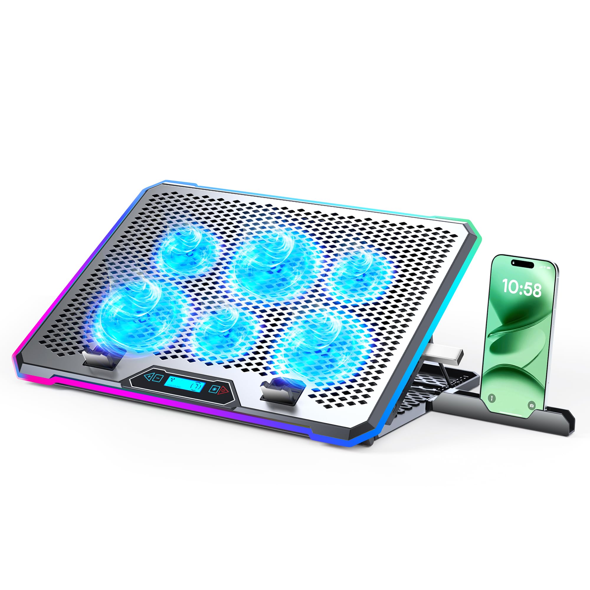Photo 1 of KYOLLY Aluminum Alloy RGB Gaming Laptop Cooler with 6 Fans and LCD Screen - 10 RGB Modes Memory Function, 4 USB Ports 3.0 and 2.0 Hub, 9 Height Adjustable for 10 to 21 Inch Laptops on Desk or Lap
