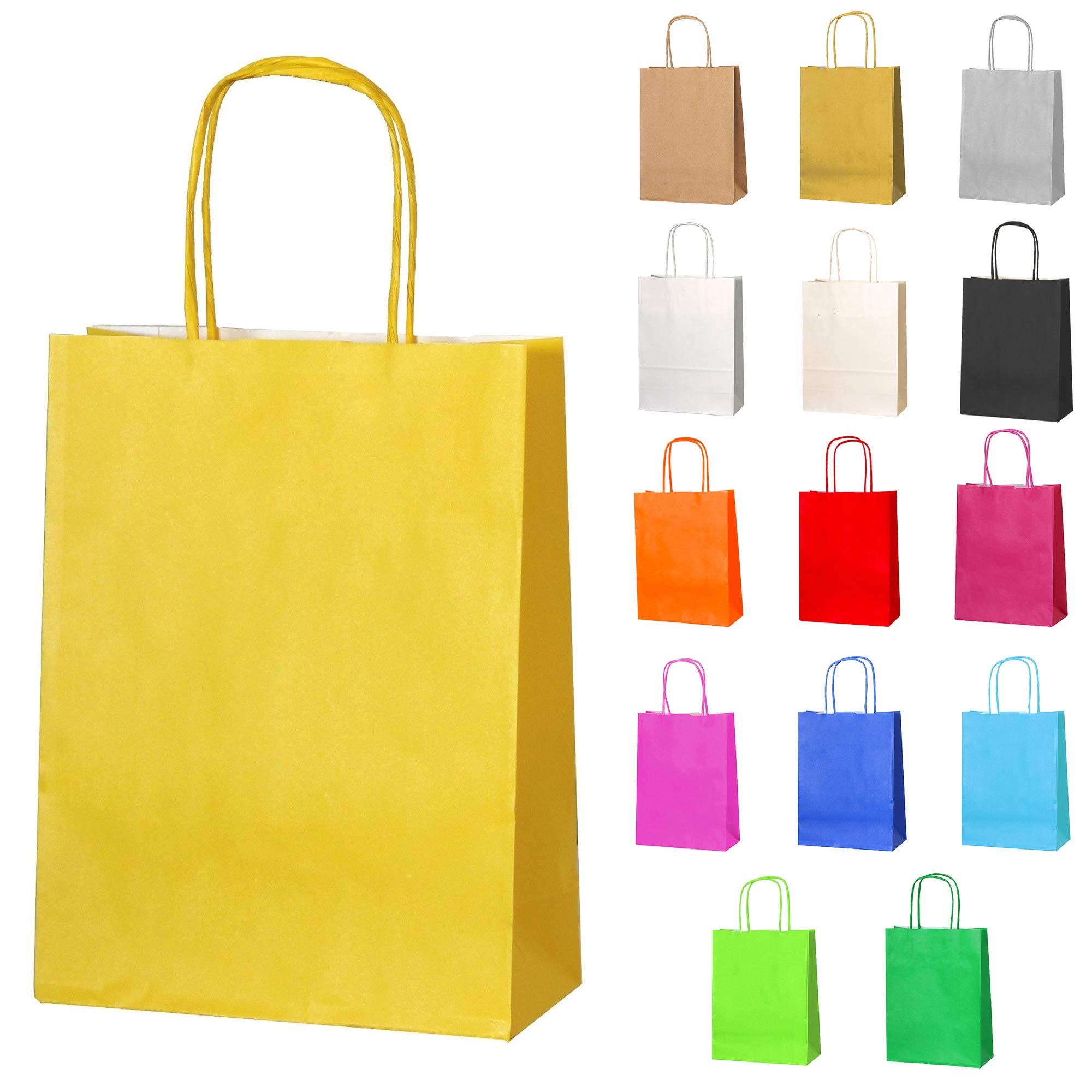 Thepaperbagstore 30 Yellow Small Paper Party Bags With Handles - 18x22x8cm - Colourful Paper Gift Bags for Kids and Adults Parties, Birthdays, Weddings, Baby Showers, Hen Parties and Sweets