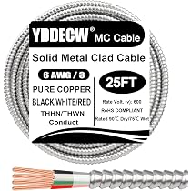 Nassau 100' 6/3 Type MC Aluminum Conductor Metal Clad Cable – 6 AWG, 3 Conductor, 600V, 55A, USA