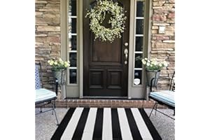CAINANEL Black and White Striped Outdoor Rug 27.5X 43 inches Front Door Mat Hand-Woven Cotton Indoor/Outdoor for Layered Mats,Welcome Mat, Porch,Farmhouse,Kitchen,Entry Way