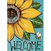Covido Welcome Spring Summer Sunflower Decorative Garden Flag, Floral Bumble Bee Blue Yard Outside Decorations, Fall Autumn Farmhouse Outdoor Small Home Decor Double Sided 12 x 18
