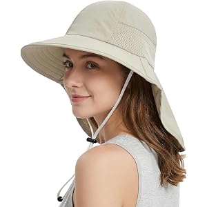 Sun Hat for Women with Neck Flap，UPF 50+ Wide Brim Breathable Mesh Ventilated Fishing Hat Outdoor Foldable Beach Summer Hat
