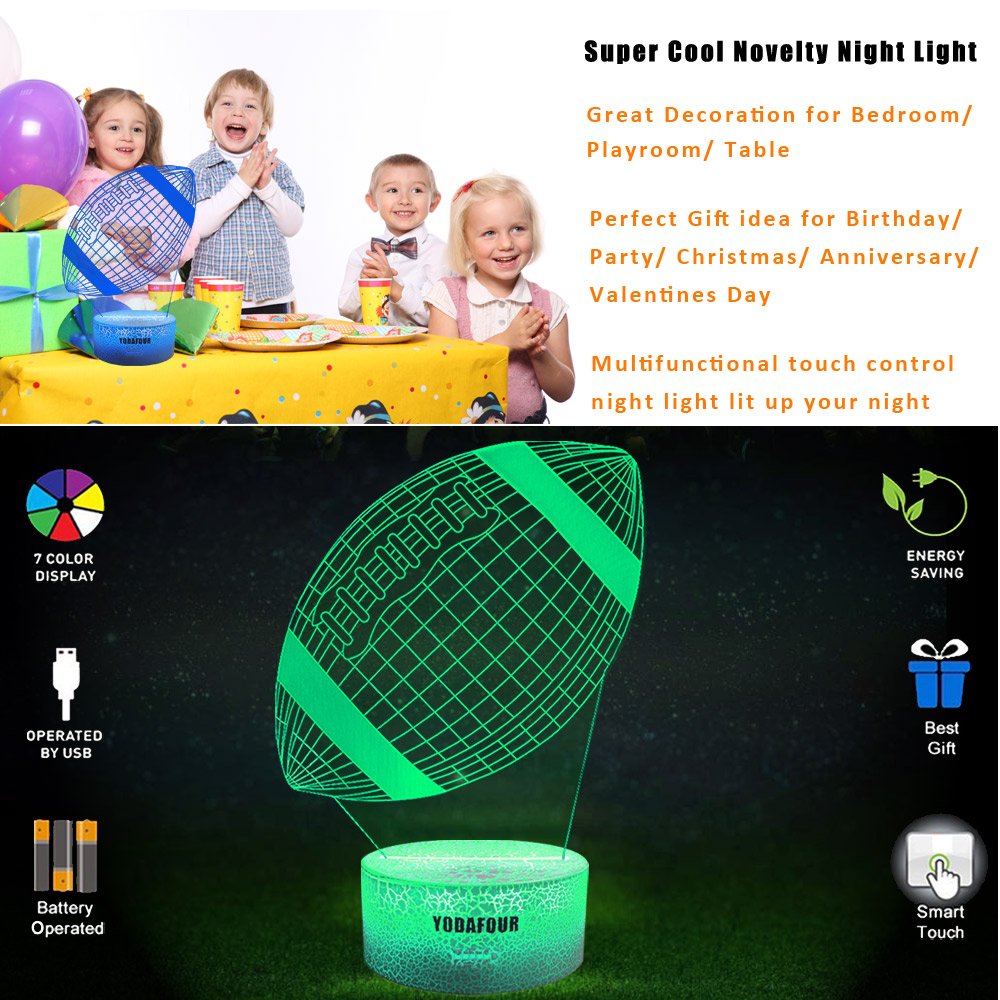 Children Gift 3D Toy Night Light 3D Illusion Lamp Xmas Halloween Birthday Anniversary Gift Nursery LED Table Night Lamps Lights for Baby Kids Children Sports Lovers by YODAFOUR (Rugby)