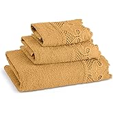 Zahari Home 3 Piece Laced Towel Set - Stylish Soft Plush Cotton Towels with Hand Towel & Washcloth - Highly Absorbent Towels for Bathroom, Gym, Hotel & Spa (Macramee Gold)