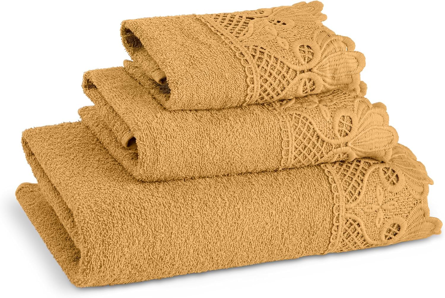 Photo 1 of 3 Piece Laced Bath Towels Set for Bathroom, Bath, Hand & Wash Cloths, Decorative Stylish Plush Cotton Washcloths - Showering, Face & Body Washing, Airbnb Essentials & Host Accessories, Gold