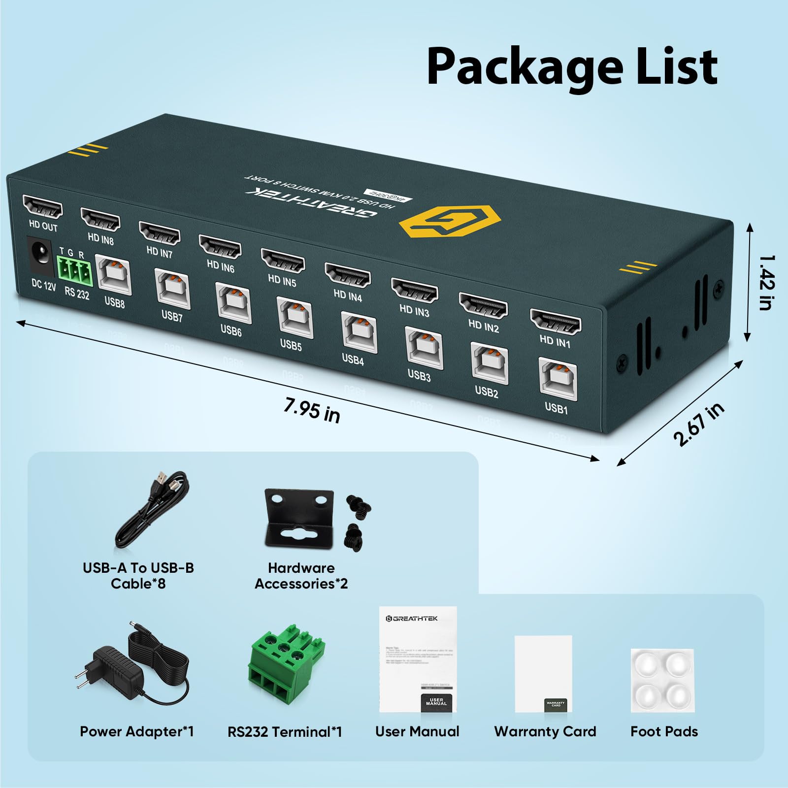 8 Ports HDMI KVM Switch, 8 Computers Share 1 Monitor Keyboard and Mouse, USB2.0 4K@30HZ 8 in 1 Out Monitor Switch with Hotkeys, Adaptive EDID